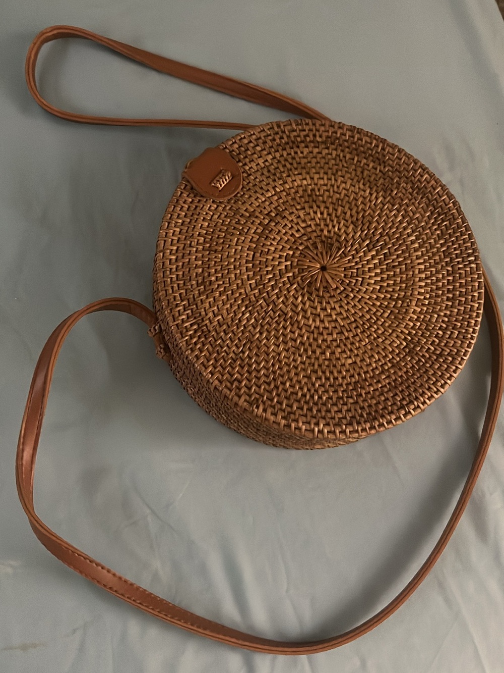 Brown Woven Round Crossbody Bag